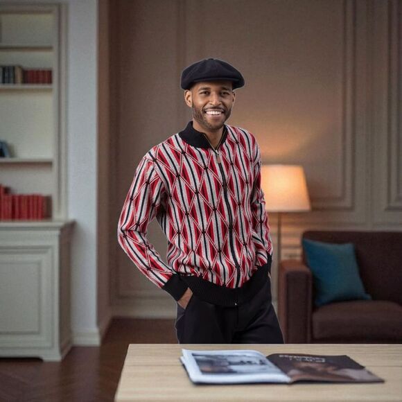 MONTIQUE MENS BLACK ZIP-UP XTRA SIZE SWTR WITH GEOMETRIC DIAMOND PATTERN SW-105X - Picture 1 of 2